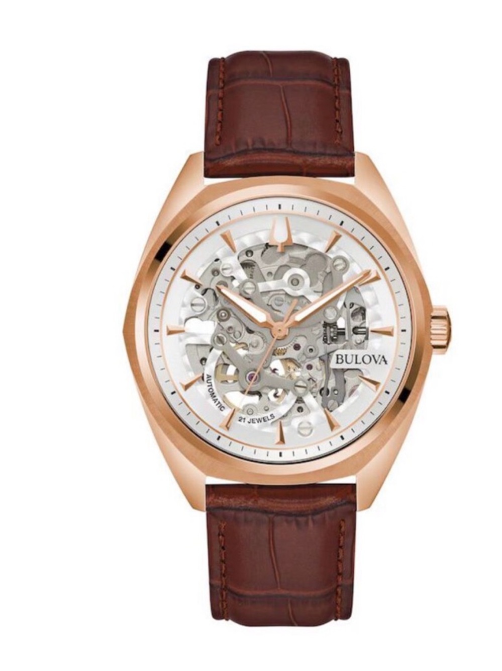 Bulova Rose Gold Tone Skeleton Dial Watch with Brown Leather Strap men’s watch